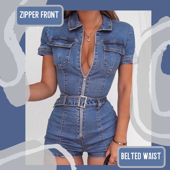 Boutique Pants - Denim Zipper Front Belted Fitted Romper NWT